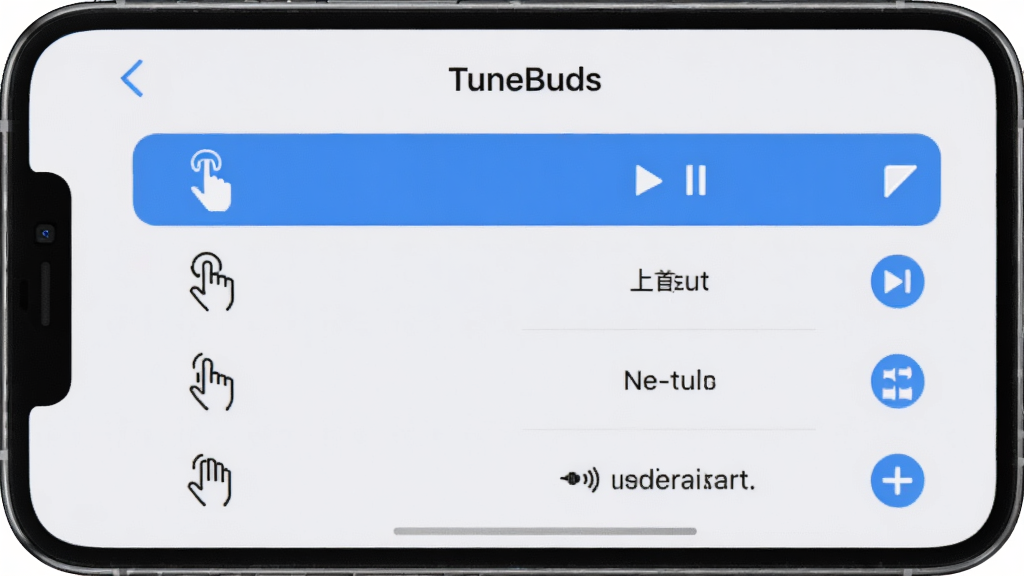 һ��TuneBuds�����������ý���ͼ���ֻ���Ļչʾ��TuneBuds����������ҳ�棬����ǵ���˫��������ͼ���б����Ҳ��Ӧ���ܹ�ѡ���粥����ͣ����һ�ס���һ�ס��������֣�������ǳɫ����������ɫ����ѡ��״̬�����������Գƣ����ɾ��ִ�������ϸ��������Ԫ��