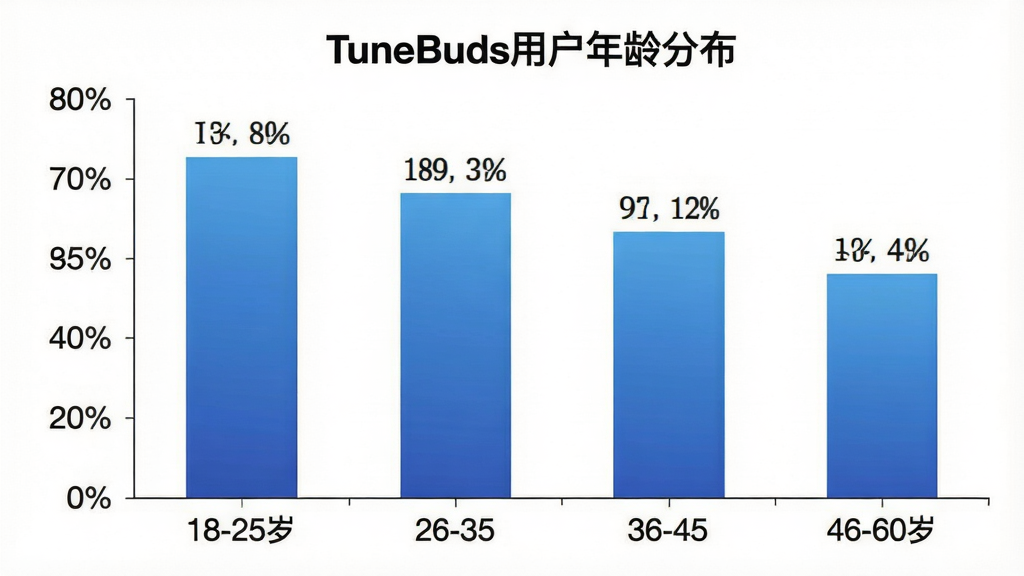 һ��չʾTuneBuds�û�����ֲ�����״ͼ�������ע�����18-25�ꡢ26-35�ꡢ36-45�ꡢ46-60�꣬����Ϊ����ռ�Ȱٷֱȣ���״������ɫ������䣬ͼ������Ϊ��TuneBuds�û�����ֲ�����������ɫ��࣬���ݱ�ǩ������ʾ�����������ɾ����񣬻��������޶���Ԫ��