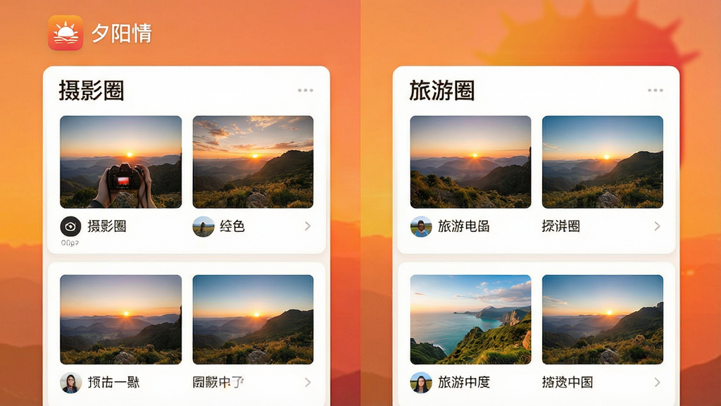 一张展示“夕阳情”应用内兴趣圈子页面的手机截图,画面中显示“摄影圈”和“旅游圈”两个板块,每个板块下有用户分享的风景照片和简短文字,界面顶部有“夕阳情”应用图标,整体布局分为上下两栏,采用卡片式设计,暖色调背景,字体清晰易读,画质干净,无杂乱元素