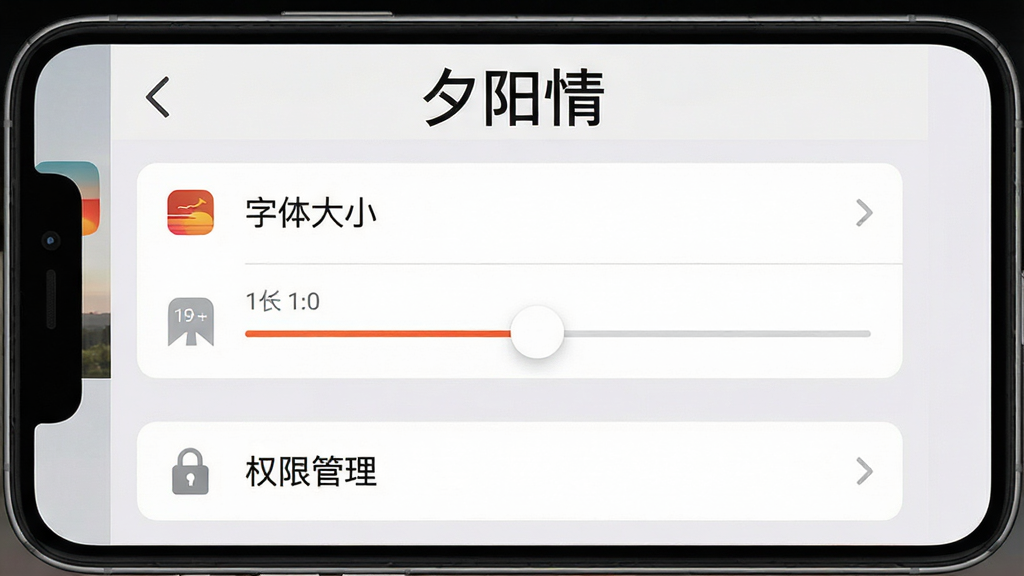 一张展示“夕阳情”应用设置界面的手机截图,画面中显示“字体大小”调节滑块和“权限管理”选项,界面采用列表式布局,每项配有简洁图标,背景为浅灰色,顶部有“夕阳情”应用名称,字体大而清晰,整体风格干净实用,画质清晰,无多余元素