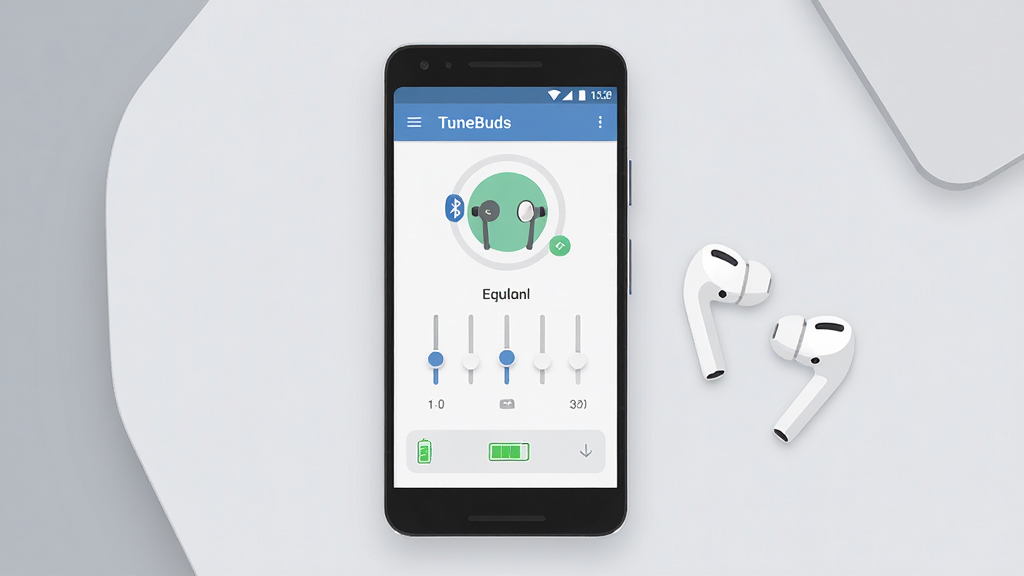 һ��չʾTuneBuds�������Ĺ��ܵĳ���ͼ������������һ����׿�ֻ���Ļ��ʾ��TuneBuds�������棬��������������������״̬�����������ڻ���͵�����ʾ���ֻ��Ա߷���һ����ɫ���߶����������Ǽ���ǳ��ɫ���棬�����������У�����ִ���ƽ����ϸ��Բ�󣬻��ʸɾ��������޶���Ԫ��