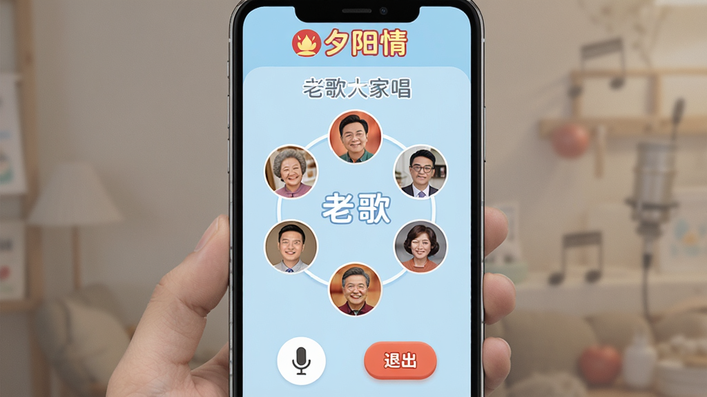 一张展示“夕阳情”应用语音聊天室界面的手机截图,画面中显示一个名为“老歌大家唱”的房间,房间内有六个用户头像围成一圈,下方有麦克风开关和退出按钮,界面顶部有“夕阳情”标志,背景是柔和的浅蓝色,字体大而圆润,整体风格简洁明快,画质干净,无多余元素