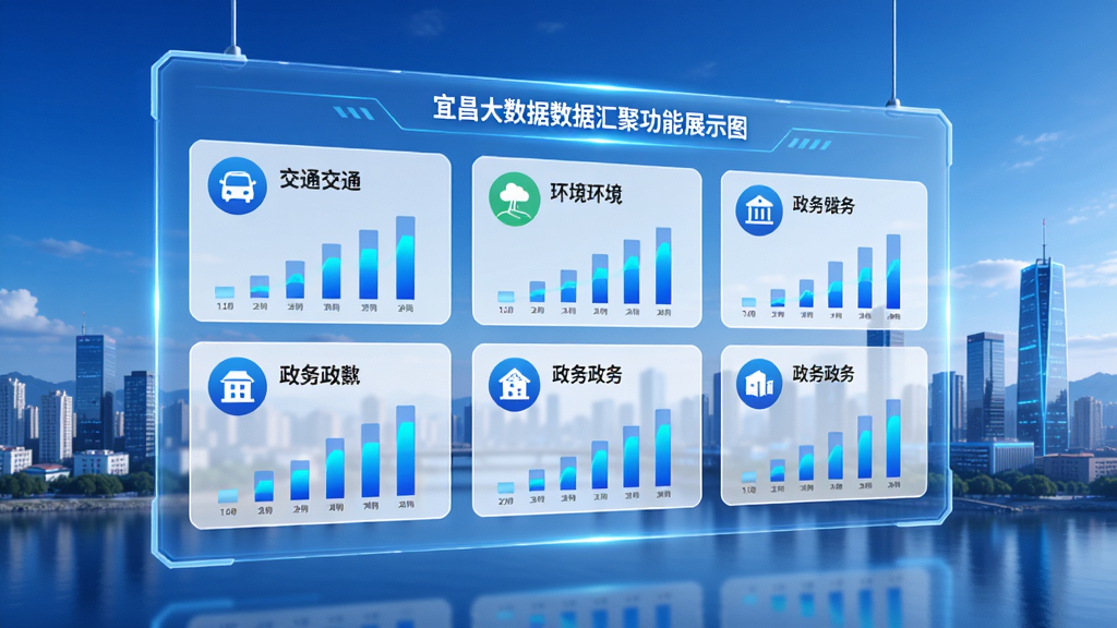 宜昌大数据数据汇聚功能展示图,画面为一块悬浮的透明数据面板,面板上排列着交通、环境、政务等多个数据模块,每个模块配有简洁的图标和动态柱状图,背景是宜昌城市天际线,风格科技感十足但不过度炫酷,色调以蓝白为主,画质干净,无多余元素