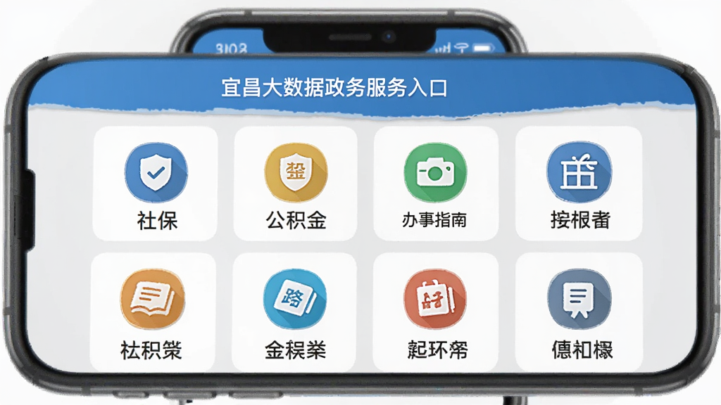 宜昌大数据政务服务入口界面图,画面展示手机屏幕上的服务大厅页面,页面中整齐排列着社保、公积金、办事指南等图标按钮,每个按钮配有中文标签,背景为浅灰色,整体风格简洁明快,画质清晰,无多余元素