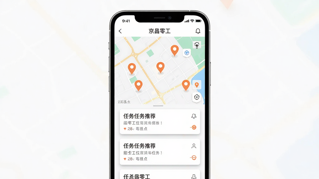���������ǡ������㹤��APP�ĸ��������Ƽ����棬����Ϊ�ֻ���Ļ����չʾ����Ļ���Ե�ͼ���б���ϵķ�ʽ�����ܱ��㹤��λ����ͼ���ж����ɫ��λͼ�꣬�·��б�չʾ����Ƭ���Ű�������·ֲ�ṹ�����Ϊ��ˬ�ı�ƽ����ƣ�ϸ���ϵ�ͼ������ࡢ��Ƭ������Ӱ��Σ����������ɾ��޶���Ԫ��