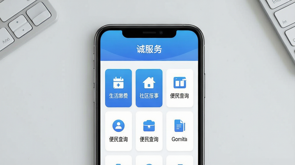 一张手机应用界面展示图,画面中央是一部竖屏手机,手机屏幕上显示“诚服务”应用首页,顶部为简洁的蓝色渐变导航栏,中间是功能卡片式布局,包含生活缴费、社区报事、便民查询等图标,界面以蓝白配色为主,风格现代扁平,背景为浅灰色桌面环境,画质干净清晰,无多余装饰元素