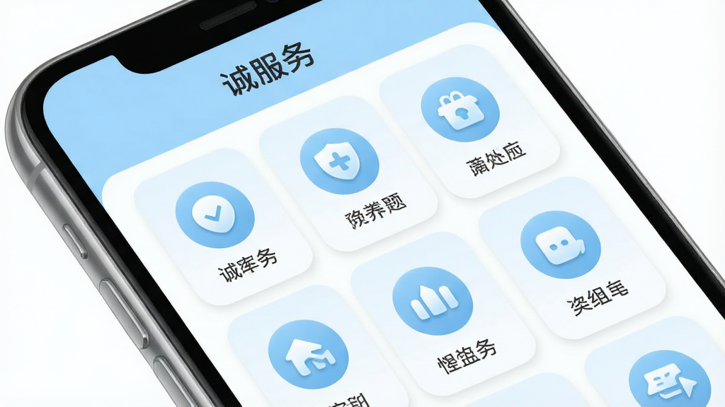 一张功能分类展示图,画面主体为手机屏幕特写,屏幕上显示“诚服务”功能分类页面,采用网格布局排列多个功能模块图标,每个图标下方配有中文标签,整体以浅蓝色和白色为主色调,风格简洁清爽,细节圆润,画质干净无多余元素