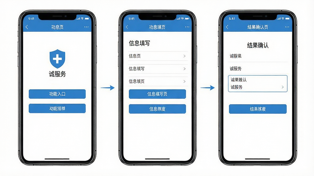 一张手机应用操作流程图,画面中展示“诚服务”应用内三个连续操作界面,从左到右依次为功能入口页、信息填写页、结果确认页,界面风格统一为蓝白扁平化设计,背景干净,画质清晰,无杂乱元素
