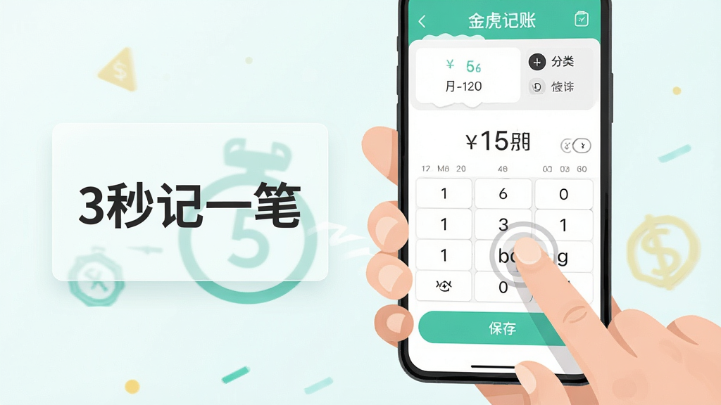 一张“金虎记账”极速记账功能的场景图,主体是一只手拿着手机正在点击记账保存按钮,手机屏幕上是简洁的金额输入键盘和分类选择区域,布局上手机占据画面中心偏右,左侧用半透明卡片展示“3秒记一笔”的文字标签,排版突出快捷操作感,风格为明亮清新的扁平插画风,细节上手指与屏幕有轻微互动光影,画质干净,无多余元素
