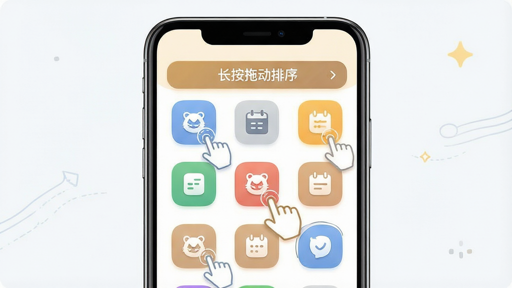 一张“金虎记账”新手设置引导的示意图,主体是手机屏幕上展示分类管理界面,布局上手机居中,屏幕中分类图标以网格排列,部分图标带有拖动排序的手势示意,排版上顶部有“长按拖动排序”的文字提示条,风格为简洁操作指引风,细节上图标圆润、手势线条流畅,画质干净,无多余元素