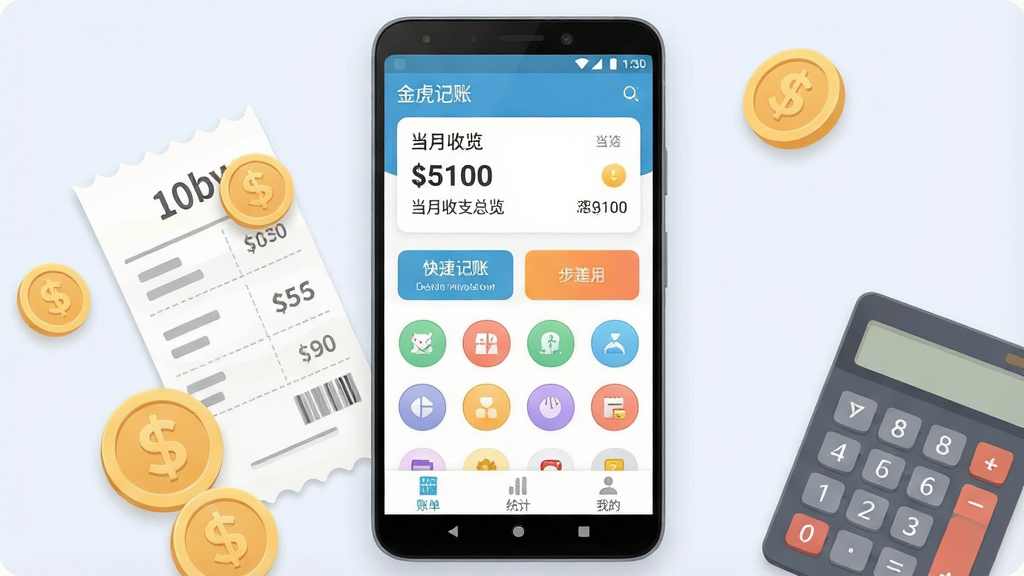 一张展示“金虎记账”软件核心全貌的手机界面图,主体是一部居中摆放的安卓手机,屏幕上显示金虎记账App的主界面,顶部是当月收支总览卡片,中间是快捷记账按钮和分类图标网格,底部是账单、统计、我的三个选项卡,布局上手机两侧点缀着金币、账单小票和计算器元素,排版清晰有层次,风格为现代扁平化设计,细节圆润柔和,画质干净清晰,无多余元素