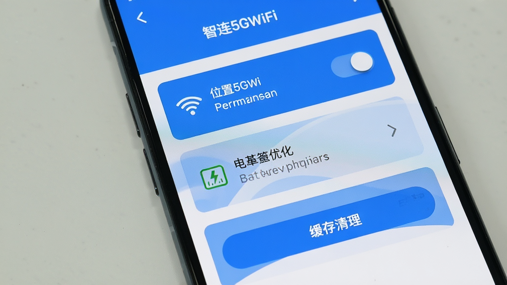 һ���ֻ���Ļչʾ������5GWiFi�������ú�Ȩ�޽��棬��������λ��Ȩ�޿��ء�����Ż�ѡ��ͻ���������ť�������Կ�Ƭʽ���ֳ��֣�ÿ���������Ա���Сͼ��˵��������������ֱ�ۣ�������ɫ�����ʸɾ��޶���Ԫ��