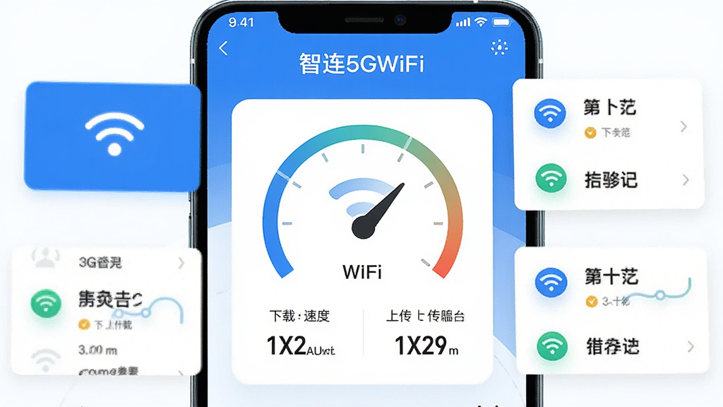 һ��չʾ������5GWiFi�����ܽ�����ֻ����棬��Ļ������һ�����Ĳ����Ǳ���ͼ�Σ��·���ʾ�����ٶȺ��ϴ��ٶ���ֵ����Χ������WiFi�ź�ͼ������Ӽ�¼�б���С��Ƭ��������Ƽ���ʮ�㵫���ּ�࣬������ɫ�����ʸɾ��޶���Ԫ��