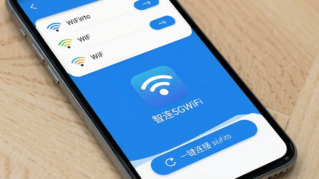 һ���ֻ���ĻչʾWiFi���ӹ��ߵ������棬���������ǡ�����5GWiFi��Ӧ��ͼ������ƣ�������������ɫΪ����������ʾ��������WiFi�б���ÿ���ȵ��Ա����ź�ǿ��ͼ������Ӱ�ť���ײ���ˢ�º�һ�����Ӱ�ť�����岼����ˬ������ִ���ƽ�����ʸɾ��޶���Ԫ��