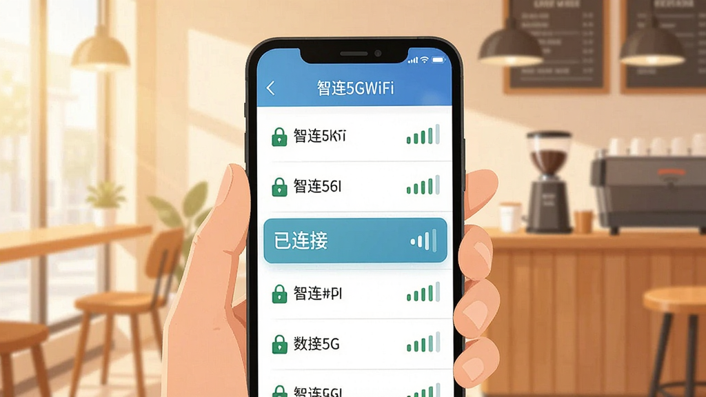 һ���ֻ������ͼ���Ĳ廭��������һֻ�������ֻ����ֻ���Ļ����ʾ������5GWiFi����WiFi�б����棬����ȵ������Ա�������ͼ����źŸ�����һ���ȵ���ʾ�������ӡ�״̬�������ǿ���������������ɫ����ů������������ִ������ʸɾ��޶���Ԫ��