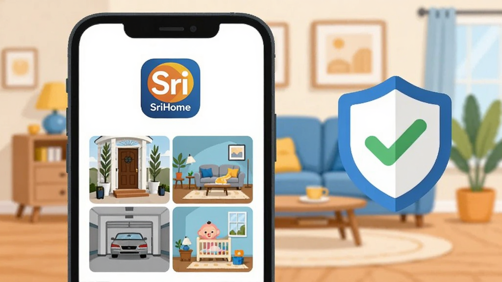 ����������һ�������ֻ�����Ļ����ʾ�š�SriHome����APPͼ�꣬ͼ���·��Ǽ����Ĺ����ػ���Ԥ���������ſڡ������������Ӥ������ʵʱ���棬�����Ҳ�������һ������ɫ�Թ��Ķ���ͼ�꣬��������ܰ�ļ�ͥ�������������Ϊ�ִ���ƽ���廭��ϸ��Բ��ɫ��������Ϊ����׺ů��ɫ�����ʸɾ��������޶���Ԫ��