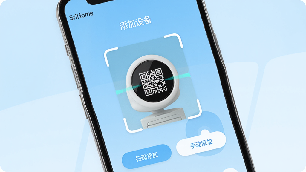 �ֻ���Ļ��ʾ��SriHome��APP�������豸���棬����������һ��ɨ���������һ����ɫ����ͷ�ĵײ���ά�룬��Ļ�Ϸ���ʾ�������豸���������·��С�ɨ�����ӡ��͡��ֶ����ӡ�������ť��������ǳ��ɫ�Ľ��䣬������ִ������ʸɾ����޶���Ԫ��