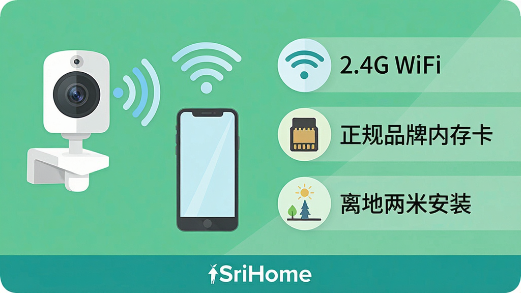 һ����Ϣͼ���Ĳ�ͼ�������һ����ɫ����ͷ���ֻ�ͨ��WiFi�ź����ӵ�ʾ��ͼ���Ҳ��г���2.4G WiFi����������Ʒ���ڴ濨������������װ�װ������Ҫ�㣬ÿ��Ҫ���Ա��и�Сͼ�꣬�ײ��С�SriHome����־�����Ϊ��ƽ����Ϣͼ����ɫ���£����ʸɾ����޶���Ԫ��