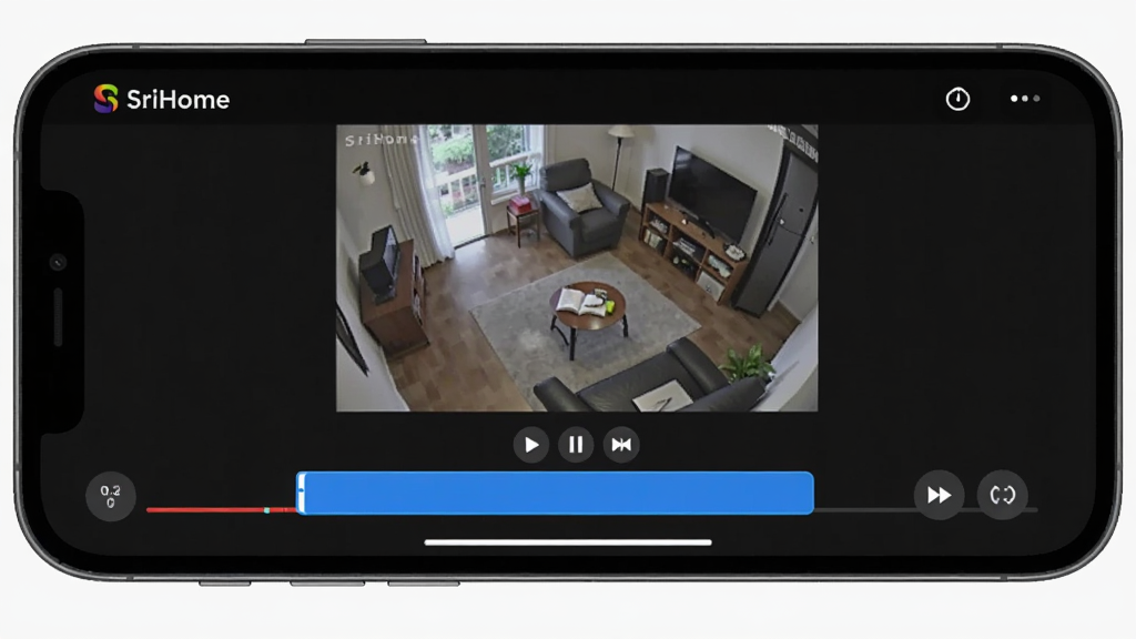 �ֻ�������ʾ��SriHome��APP��¼��طŽ��棬��Ļ�����Ǽ�ػ��棬�·���һ����ɫʱ���ᣬ��ɫ���������¼���ʱ��Σ�ʱ�����Ϸ��в��š���ͣ������ͱ��ٰ�ť��������Ϊ��ɫģʽ�����ֺ��������ʸɾ����޶���Ԫ��