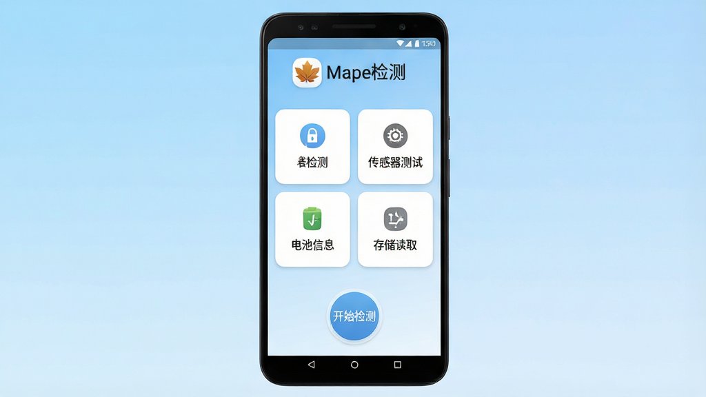一张展示Maple检测软件核心全貌的手机应用界面图,画面中央是一部安卓手机,屏幕里显示Maple检测的主界面,顶部有Maple检测的Logo和软件名称,中间是屏幕检测、传感器测试、电池信息、存储读取四个功能入口卡片,底部是开始检测的圆形按钮,背景为浅蓝色渐变,风格简洁现代,细节圆润,画质干净清晰,无多余元素