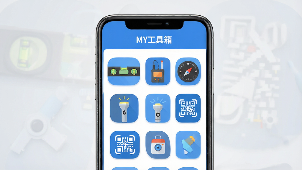一张手机应用界面展示图,画面中央是一部现代智能手机,手机屏幕上显示