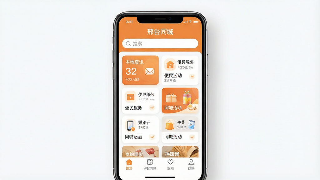 һ��չ�֡���̨ͬ�ǡ�App���Ľ�����ֻ�ģ��ͼ������������һ�����з��õ������ֻ����ֻ���Ļ������չʾApp��ҳ���֣������ǡ���̨ͬ�ǡ����ֱ�ʶ���������м��Ƿ��������ı�����Ѷ���������ͬ�ǻ�ȿ�Ƭʽ��ڣ��ײ��ǵ����������ּ�����ˣ��Ű��������¡����Ϊ�ִ���ƽ����ƣ�ɫ������ů�ĳ�ɫ�͸ɾ��İ�ɫΪ����ϸ�ڴ�ͼ��Բ���¡����ʸ��壬�����ɾ�������Ԫ�أ������Ӿ�������Ȼ��
