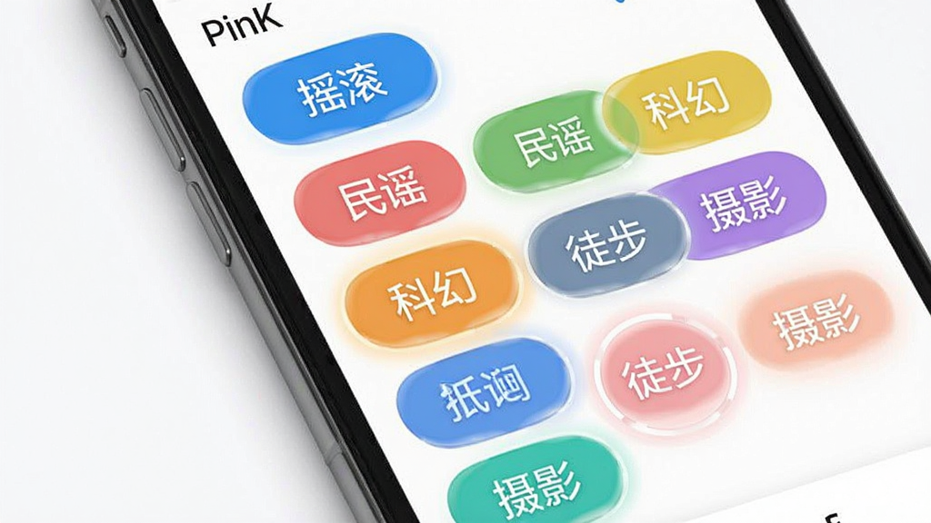 Hello PinK应用内的兴趣标签选择界面,手机屏幕上排列着彩色圆角矩形标签,标签上写着“摇滚”“民谣”“科幻”“徒步”“摄影”等字样,部分标签被高亮选中,背景为干净的白色,风格简洁明快,排版整齐,画质干净,无多余元素
