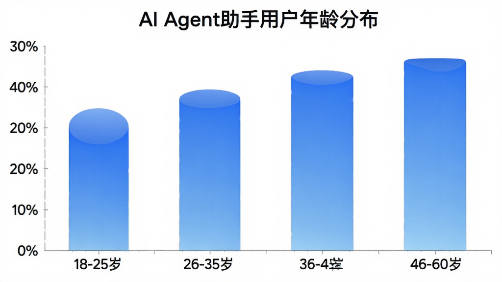 一张展示AI Agent助手用户年龄分布的柱状图,横轴为年龄段18-25岁、26-35岁、36-45岁、46-60岁,纵轴为用户占比百分比,柱子颜色为蓝色渐变,图表标题为