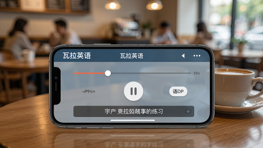 一张展示瓦拉英语听力练习界面的图片,画面中手机横屏显示“瓦拉英语”的听力播放器,有进度条、语速调节按钮和字幕选项,背景是舒适的咖啡馆环境,风格休闲轻松,细节丰富,画质清晰。