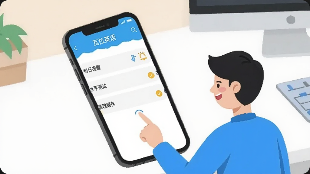一张展示瓦拉英语App设置界面的图片,画面中手机屏幕显示“瓦拉英语”的设置页面,有“每日提醒”、“水平测试”、“清理缓存”等选项,旁边有一个卡通人物正在操作手机,背景是简洁的桌面,风格扁平化,色彩明亮,画质干净。