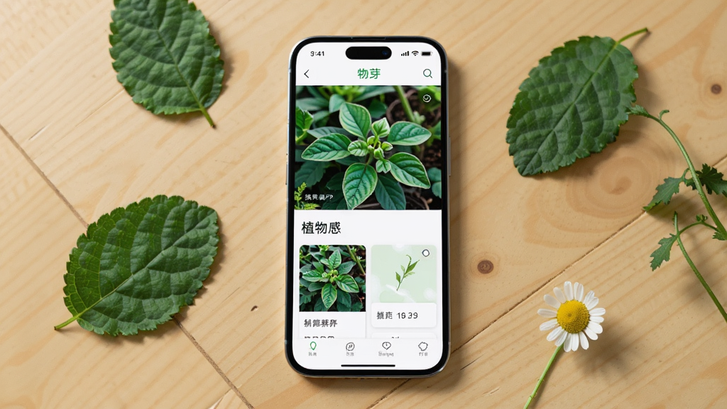 ����Ϊһ�������ֻ���Ļ��ʾ��ѿAPP��ֲ��ʶ����ҳ�棬����Ϊ�ֻ����з�����ľ�������ϣ��Ա�ɢ�伸Ƭ��ɫ��Ҷ��һ��С���գ��Ű�����Ļ���Ϸ���ֲ����Ƭ�·������ƺ�������Ƭ�����Ϊ������Ȼ��������Ӱ�磬ϸ�ڰ����ֻ���Ե��Բ�Ƿ����ҶƬ�������ʸУ����ʸ���ɾ��޶���Ԫ��