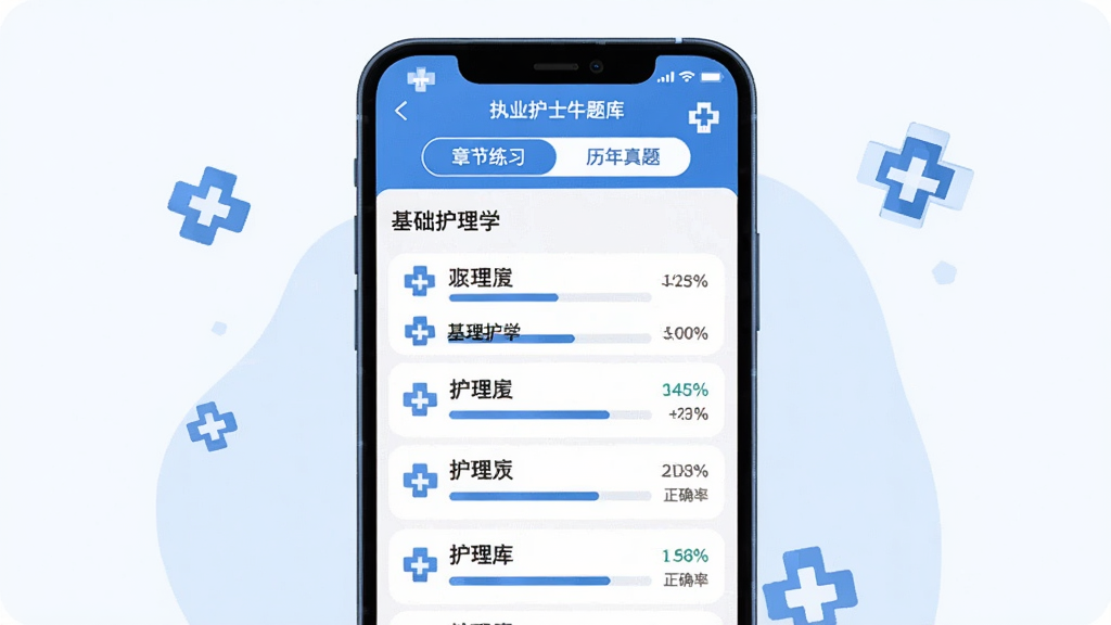 ��ִҵ��ʿţ��⡱APP�½���ϰ�����ͼ���廭���ֻ���Ļ����ʾ����������ѧ���½��б���ÿ����Ŀ�Ҳ��н���������ȷ�ʰٷֱȣ���Ļ�Ϸ��С��½���ϰ���͡��������⡱�л���ǩ��������ɫ��ҽ��ʮ��ͼ���׺����ƽ��UI��񣬻��ʸɾ�����