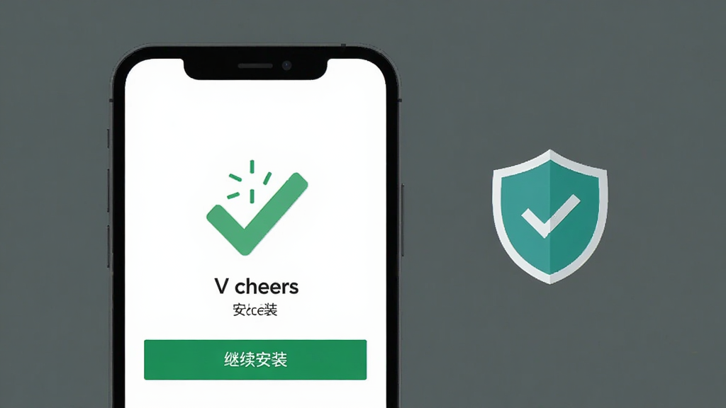 一部手机屏幕显示V cheers安装界面,旁边有绿色对勾和盾牌图标表示安全,下方有“继续安装”按钮,背景简洁,风格扁平化,画质干净无多余元素