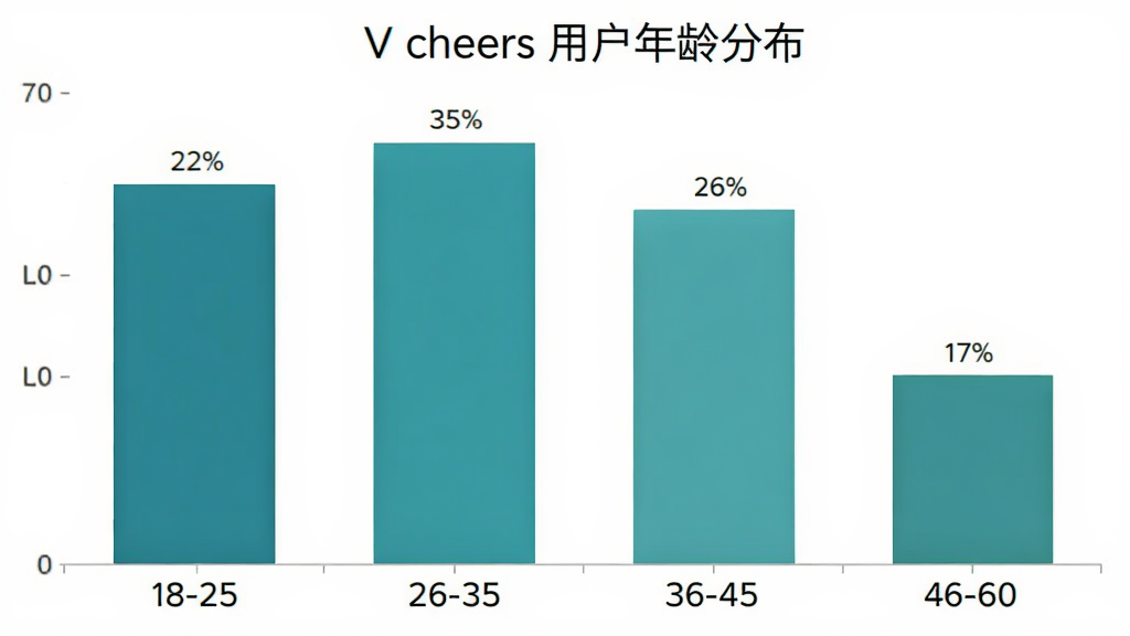 柱状图展示V cheers用户年龄分布,18-25岁占22%,26-35岁占35%,36-45岁占26%,46-60岁占17%,图表配色为蓝绿色系,风格简洁现代,画质干净无多余元素
