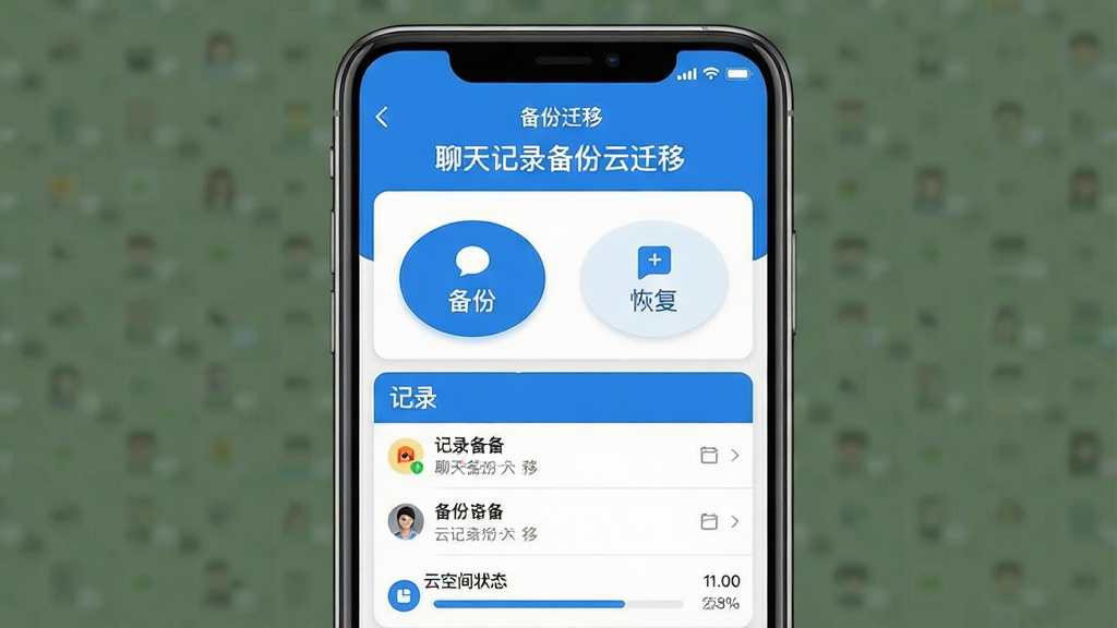 һ��չʾ�����¼������Ǩ���������Ľ�����ֻ���ͼ�������������ֻ���Ļ����Ļ����ʾ�����¼������Ǩ��app�������棬�����С������¼������Ǩ�ơ����ֱ��⣬�м��Ǳ��ݺͻָ�������ť���·��Ǽ�¼�б����ƿռ�״̬�������岼�ּ������������ִ���ƽ����������ɫΪ����ϸ��Բ�󣬻��ʸɾ����޶���Ԫ��