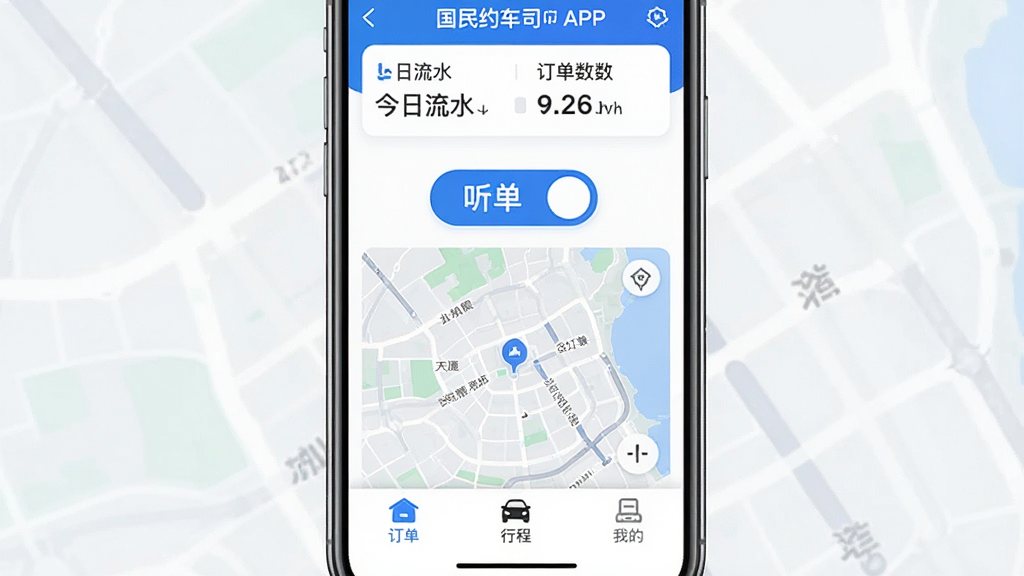 一张手机应用界面展示图,主体是国民约车司机APP的主界面,布局为顶部显示今日流水和订单数,中间是醒目的听单开关和地图区域,底部为订单、行程、我的三个导航栏,排版简洁清晰,风格现代扁平化,细节上采用蓝白配色和圆角图标,画质干净,无多余元素