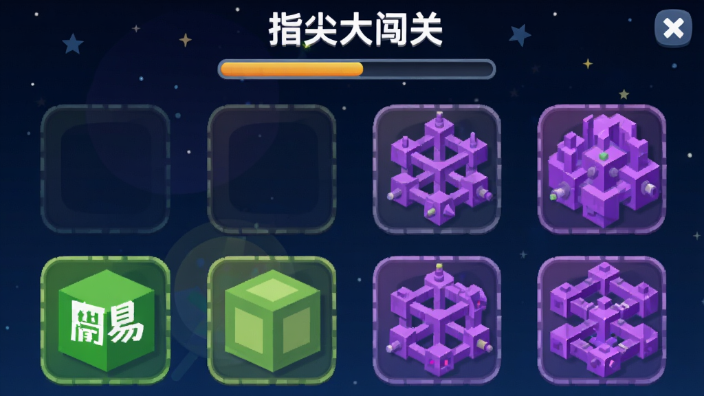 画面为手机游戏关卡选择界面,屏幕上排列着从易到难的关卡图标,图标从绿色简单方块逐渐过渡到紫色复杂立体结构,顶部显示“指尖大闯关”字样和进度条,背景为深蓝色星空,风格为游戏UI扁平设计,细节精致,画质清晰,无多余元素