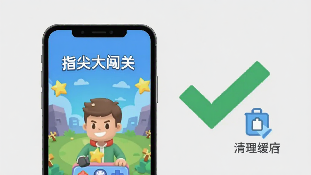 画面展示一部手机屏幕显示“指尖大闯关”游戏运行正常,旁边有一个打勾的绿色对勾和清理缓存的图标,背景为浅灰色,风格为扁平化信息图,细节简洁,画质干净,无多余元素