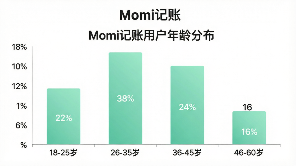 ��״ͼ��Ϣͼ������ΪMomi�����û�����ֲ�������Ϊ18-25��26-35��36-45��46-60���ĸ�����Σ�����Ϊ�ٷֱȣ��ĸ����Ӹ߶ȷֱ�Ϊ22%38%24%16%��������ɫΪ���䱡���̣������׵ף�ͼ���Ϸ���עMomi���ˣ����־��У�����ƽ���ݿ��ӻ������ʸɾ����޶���Ԫ��