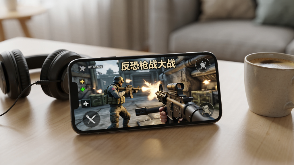 一张手机放在桌面上运行射击游戏的场景图,手机屏幕显示“反恐枪战大战”战斗画面,旁边放着一副耳机和一杯咖啡,背景为居家桌面环境,光线柔和,突出手机屏幕内容清晰流畅,画质干净,无多余元素