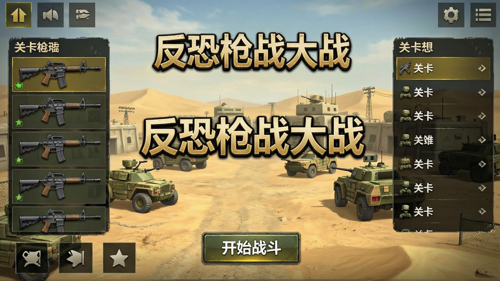 一张手机横屏游戏主界面截图,画面中央是“反恐枪战大战”游戏logo,背景为沙漠军事基地场景,左右两侧分别展示武器选择栏和关卡列表,底部有开始战斗按钮,整体风格写实硬朗,色调以沙黄和军绿为主,排版清晰,画质干净,无多余元素