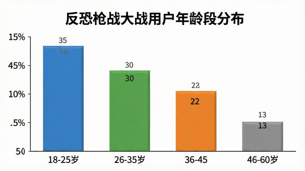 一张柱状图信息图,标题为“反恐枪战大战用户年龄段分布”,横轴标注18-25岁、26-35岁、36-45岁、46-60岁四个年龄段,纵轴为百分比,柱状图颜色分别为蓝色、绿色、橙色、灰色,数据展示18-25岁占比35%、26-35岁占比30%、36-45岁占比22%、46-60岁占比13%,背景白色简洁,图表清晰,画质干净,无多余元素