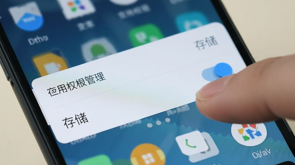 一张手机屏幕特写图,画面显示安卓系统设置界面中的应用权限管理页面,手指正在点击“存储”权限开关,背景为手机桌面模糊处理,突出权限设置操作步骤,风格简洁直观,画质干净,无多余元素