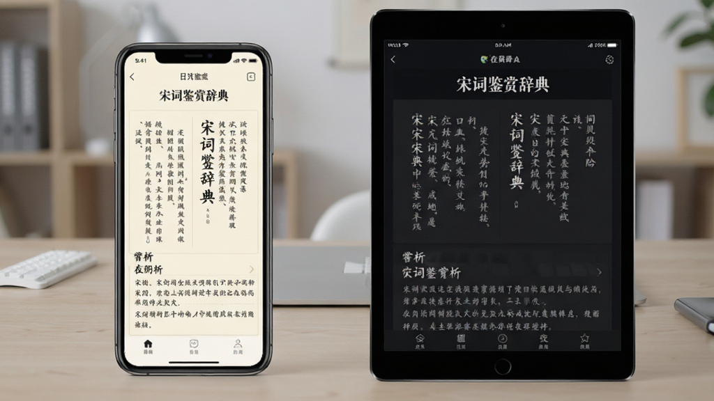 手机与平板并排展示同一款宋词App的阅读界面,屏幕中显示“宋词鉴赏辞典”字样,左侧手机为日间模式米白底,右侧平板为夜间模式深色底,两屏均展示宋词原文与赏析段落,排版对齐工整,风格统一,画质干净清晰