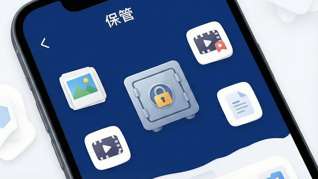 一张手机屏幕展示“保管”应用主界面,画面中央是一个带锁的文件保险箱图标,周围环绕着照片、视频、文档的小图标,界面以深蓝和白色为主色调,布局简洁,风格现代扁平,细节圆润,画质干净清晰,无多余元素