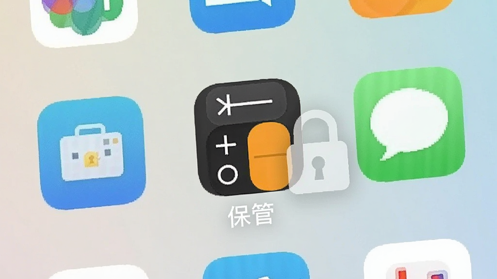 一张手机桌面截图,多个应用图标中“保管”应用被伪装成计算器图标,旁边有一个半透明的锁形标记,背景是浅色渐变,风格清爽,画质干净,无多余元素
