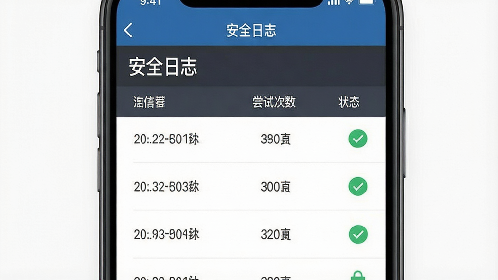 一张手机屏幕展示“保管”应用的访问记录页面,列表显示日期、尝试次数和状态图标,顶部有“安全日志”标题,界面以深灰和蓝色为主,布局清晰,风格商务简洁,画质干净,无多余元素