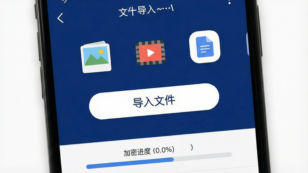 一张手机屏幕展示“保管”应用的文件导入界面,中央有“导入文件”按钮,周围有照片、视频、文档图标,底部显示加密进度条,界面以深蓝和白色为主,风格简洁现代,画质干净,无多余元素