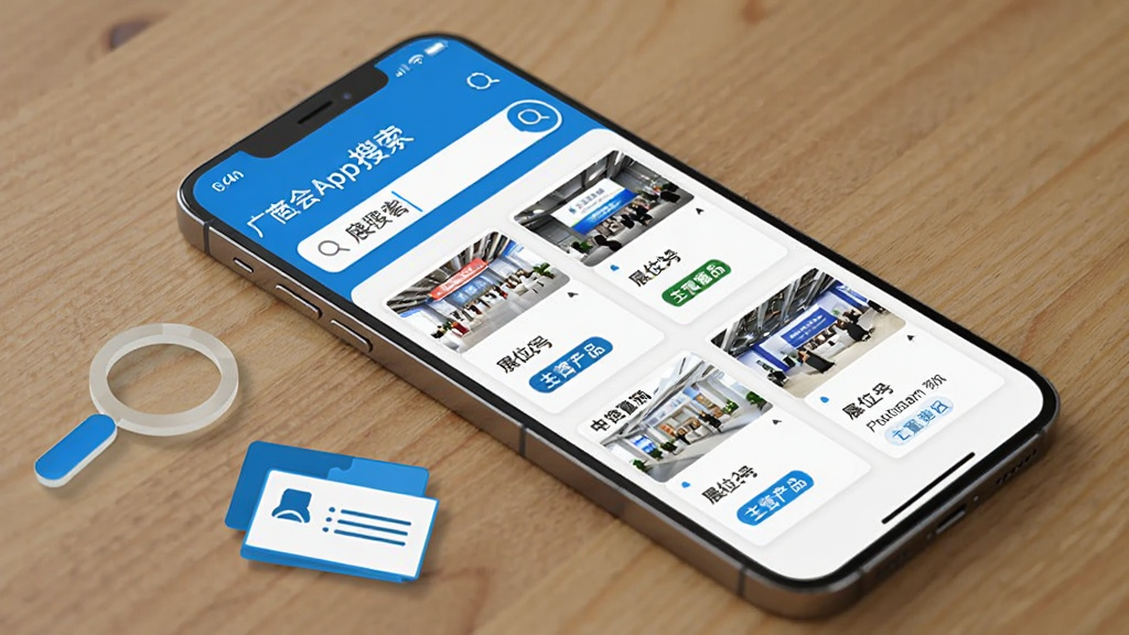 一部手机平放在木质桌面上,屏幕显示广交会App的展商搜索页面,搜索框内输入了关键词,下方排列着多家展商卡片,每张卡片包含公司名、展位号和主营产品标签,画面一侧有放大镜和名片图标作为装饰,整体色调为科技蓝与白色搭配,风格简洁商务,画质清晰干净