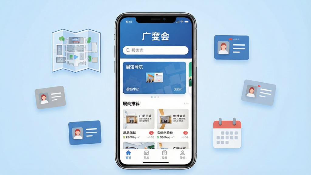一张展示广交会手机应用主界面的场景图,画面中央是一部竖屏智能手机,屏幕内显示广交会App首页,顶部有“广交会”三个大字和搜索框,中间是展馆导航卡片和展商推荐列表,底部为功能导航栏,手机周围漂浮着展馆地图轮廓、名片图标、日程表图标等元素,背景为浅蓝色渐变,风格现代扁平化,细节干净清晰,画质高清,无多余杂乱元素
